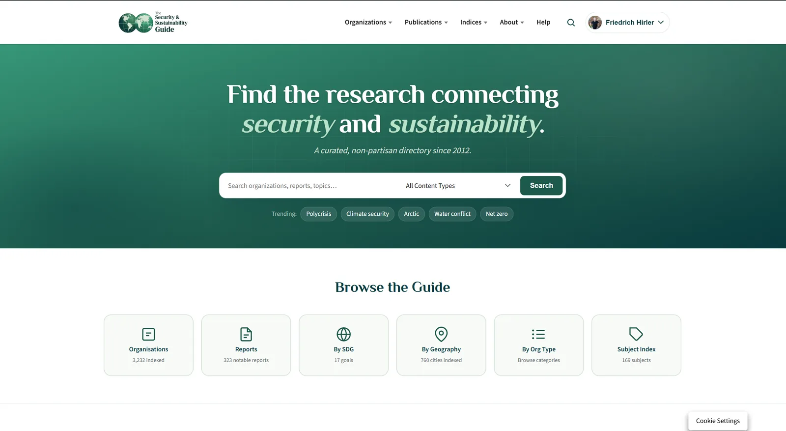 Securesustain homepage with a prominent search field and direct navigation into the Guide, directory, and data visualisations