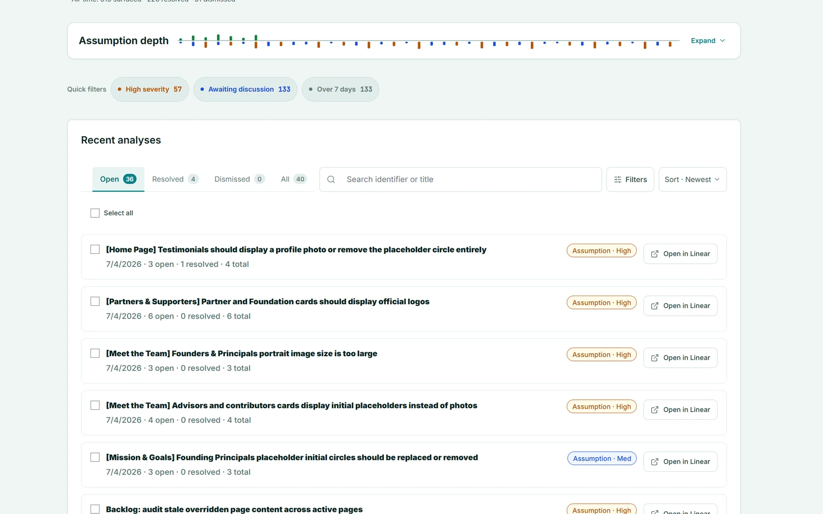 Surfaced dashboard showing assumption depth, severity filters, and recent ticket analyses