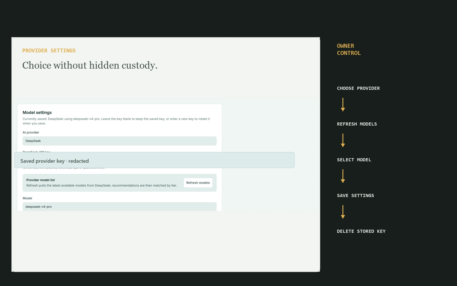 Redacted Surfaced settings showing provider choice, model refresh and selection, save controls, and stored-key deletion